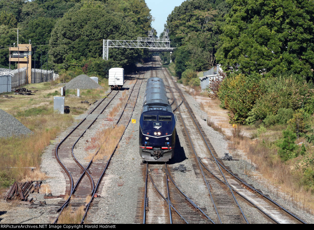 AMTK 100 leads train P080-06 at Boylan Junction